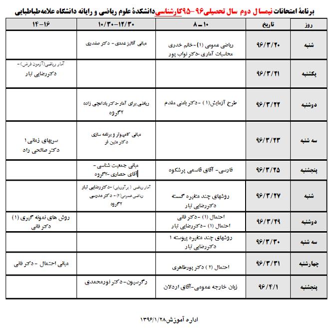 برنامه امتحانات کارشناسی (نیمسال دوم)