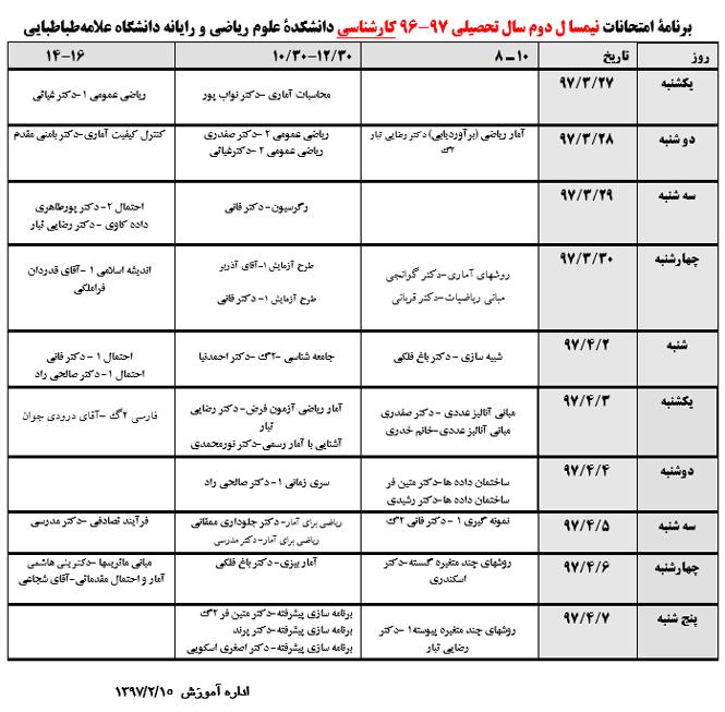 برنامه امتحانات نیمسال دوم سال تحصیلی 97-96 دوره کارشناسی